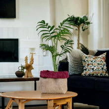 Load image into Gallery viewer, Burgundy Velvet Chenille &amp; Hessian Pot
