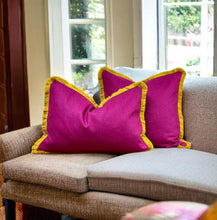Load image into Gallery viewer, Cerise Wool &amp; Mustard Fringe Cushion
