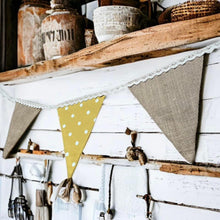 Load image into Gallery viewer, Yellow Polka Cotton &amp; Rustic Hessian Bunting
