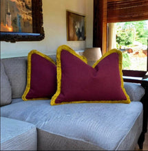 Load image into Gallery viewer, Burgundy Herringbone Wool Mix &amp; Gold Fringe Cushion
