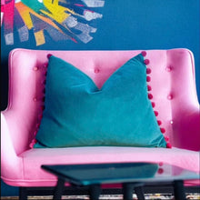 Load image into Gallery viewer, Jade &amp; Pink Pom Pom Velvet Cushion
