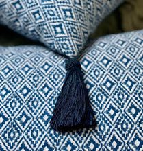 Load image into Gallery viewer, Tasselled Aztec Indigo Sustainable Cotton Cushion
