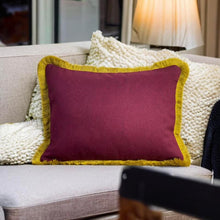Load image into Gallery viewer, Burgundy Herringbone Wool Mix &amp; Gold Fringe Cushion
