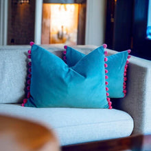 Load image into Gallery viewer, Jade &amp; Pink Pom Pom Velvet Cushion
