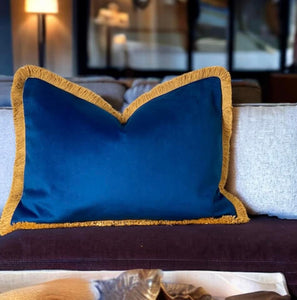 Marine Blue & Mustard Fringe Cushion