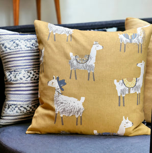 Llama Love Ochre Cotton Cushion