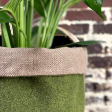 Load image into Gallery viewer, Olive Green Boiled Wool &amp; Hessian Pot
