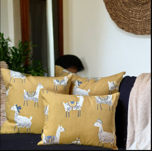 Llama Love Ochre Cotton Cushion