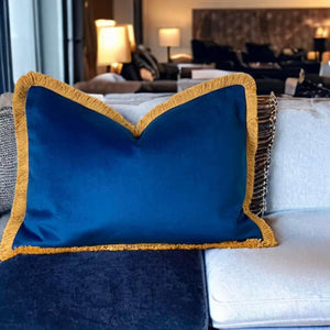 Marine Blue & Mustard Fringe Cushion