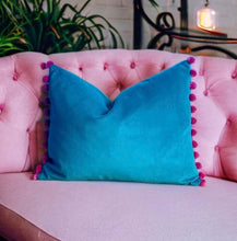 Load image into Gallery viewer, Jade &amp; Pink Pom Pom Velvet Cushion
