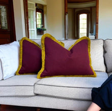 Load image into Gallery viewer, Burgundy Herringbone Wool Mix &amp; Gold Fringe Cushion
