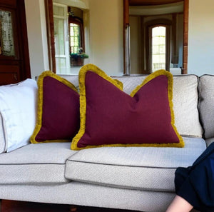 Burgundy Herringbone Wool Mix & Gold Fringe Cushion