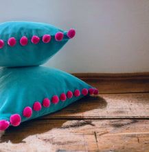 Load image into Gallery viewer, Jade &amp; Pink Pom Pom Velvet Cushion
