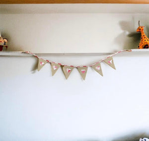 Rustic Hessian Bunting With Pink Patchwork Hearts