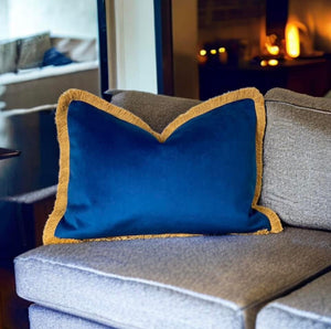 Marine Blue & Mustard Fringe Cushion
