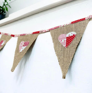 Rustic Hessian Bunting With Pink Patchwork Hearts