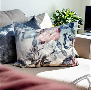 Pink Peony & Silver Velvet Cushion