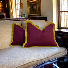 Load image into Gallery viewer, Burgundy Herringbone Wool Mix &amp; Gold Fringe Cushion
