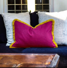 Load image into Gallery viewer, Cerise Wool &amp; Mustard Fringe Cushion
