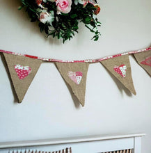 Load image into Gallery viewer, Rustic Hessian Bunting With Pink Patchwork Hearts
