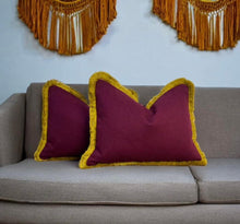 Load image into Gallery viewer, Burgundy Herringbone Wool Mix &amp; Gold Fringe Cushion
