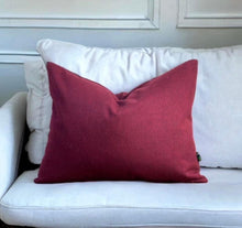 Load image into Gallery viewer, Burgundy Herringbone Wool Mix &amp; Gold Fringe Cushion
