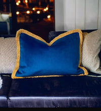 Load image into Gallery viewer, Marine Blue &amp; Mustard Fringe Cushion
