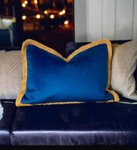 Marine Blue & Mustard Fringe Cushion