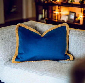 Marine Blue & Mustard Fringe Cushion
