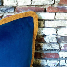 Load image into Gallery viewer, Marine Blue &amp; Mustard Fringe Cushion
