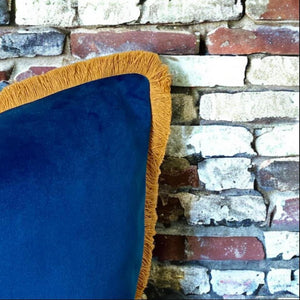 Marine Blue & Mustard Fringe Cushion
