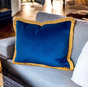 Marine Blue & Mustard Fringe Cushion