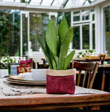 Load image into Gallery viewer, Burgundy Velvet Chenille &amp; Hessian Pot
