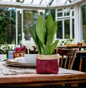 Burgundy Velvet Chenille & Hessian Pot