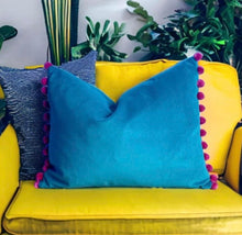 Load image into Gallery viewer, Jade &amp; Pink Pom Pom Velvet Cushion
