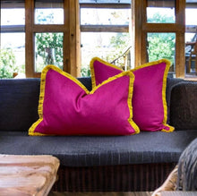 Load image into Gallery viewer, Cerise Wool &amp; Mustard Fringe Cushion
