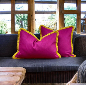 Cerise Wool & Mustard Fringe Cushion