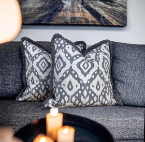 Grey Marrakech Ikat Fringe Cushion