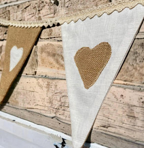 Bleached Linen & Rustic Hessian Bunting With Hearts