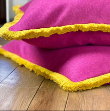 Load image into Gallery viewer, Cerise Wool &amp; Mustard Fringe Cushion
