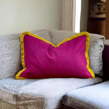Load image into Gallery viewer, Cerise Wool &amp; Mustard Fringe Cushion
