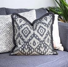 Load image into Gallery viewer, Grey Marrakech Ikat Fringe Cushion
