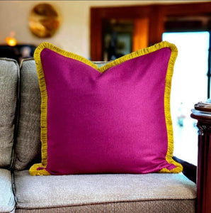 Cerise Wool & Mustard Fringe Cushion