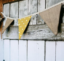 Load image into Gallery viewer, Yellow Polka Cotton &amp; Rustic Hessian Bunting
