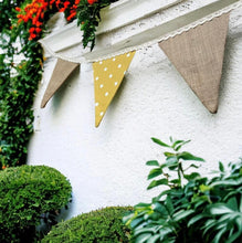 Load image into Gallery viewer, Yellow Polka Cotton &amp; Rustic Hessian Bunting
