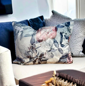 Pink Peony & Silver Velvet Cushion