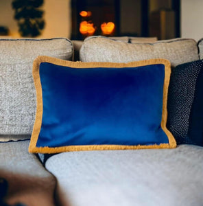 Marine Blue & Mustard Fringe Cushion
