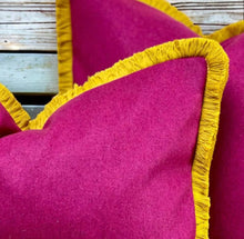 Load image into Gallery viewer, Cerise Wool &amp; Mustard Fringe Cushion
