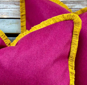 Cerise Wool & Mustard Fringe Cushion