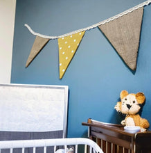 Load image into Gallery viewer, Yellow Polka Cotton &amp; Rustic Hessian Bunting
